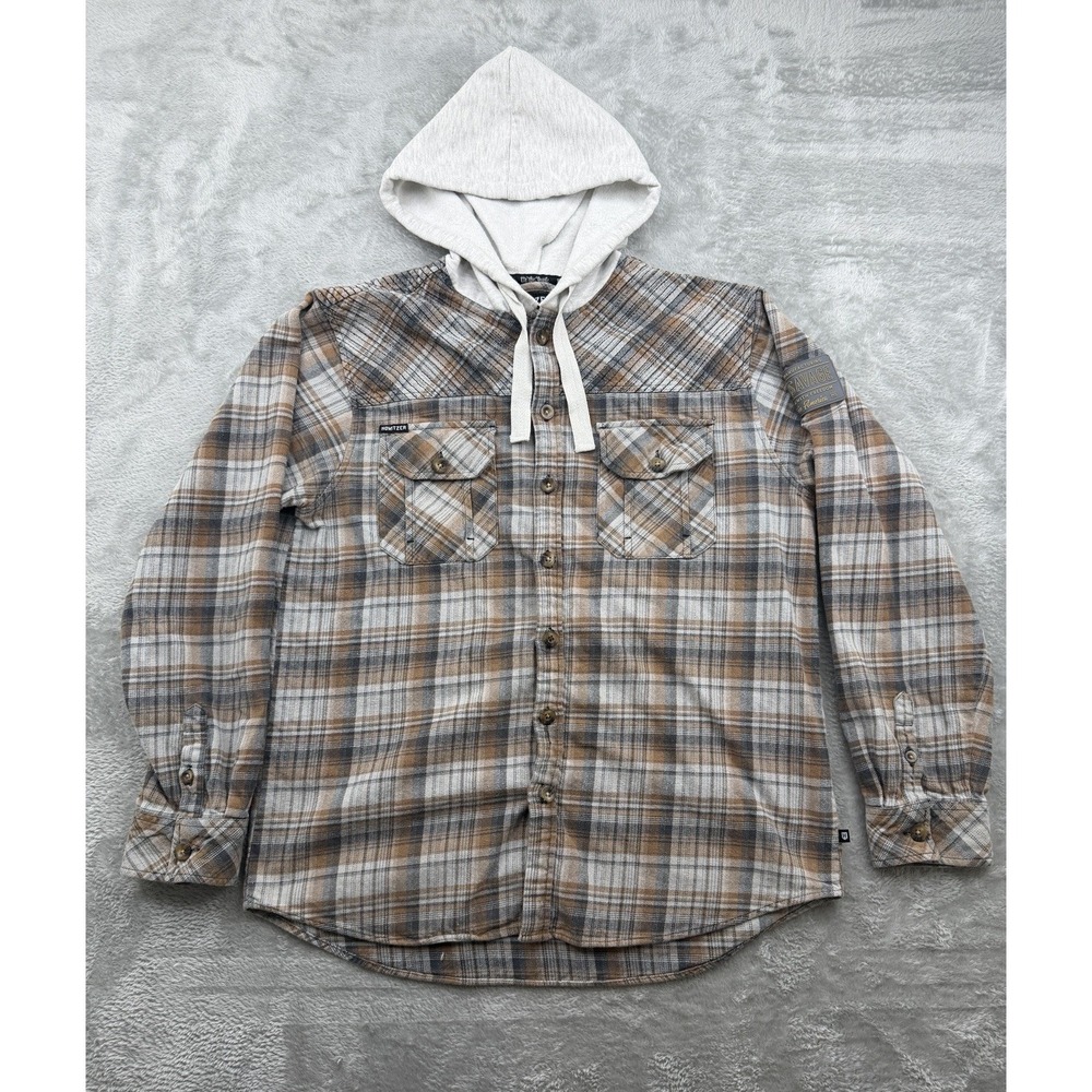 Howitzer Flannel Hoodie Shacket Iron Savage Button Front Brown Plaid Mens Large